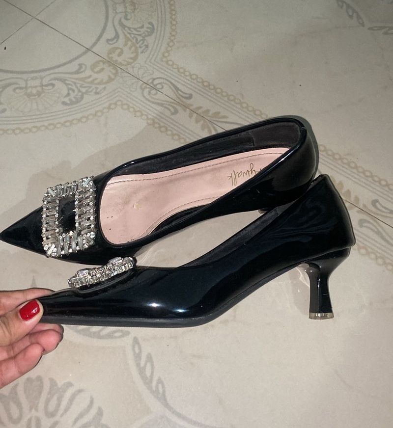 Black Patent Heels with Rhinestone Buckle