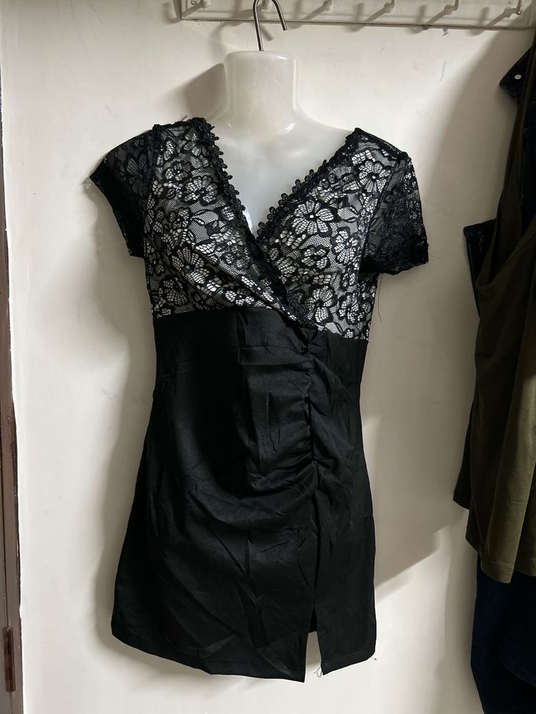 Black Lace &amp; Satin V-Neck Top
