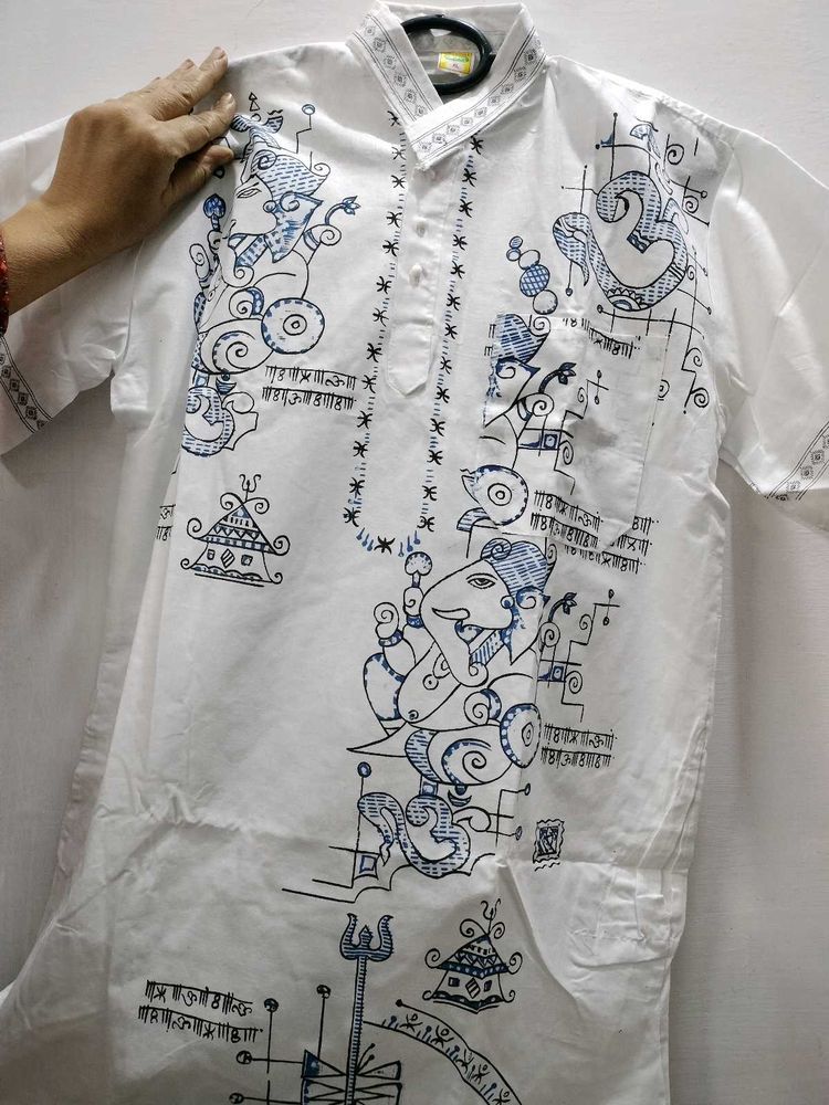 Men's White Kurta with Ganesha Print
