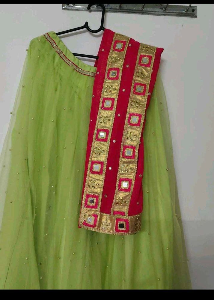 Beautiful Lime Green Lehenga with Red Dupatta