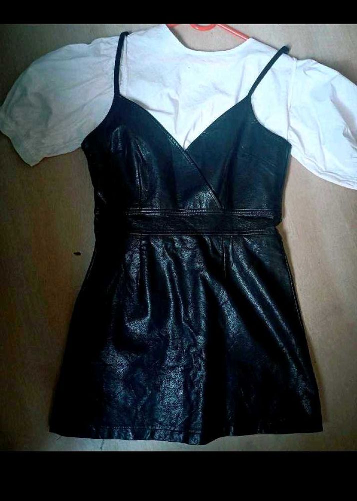 Black Faux Leather Strap Dress