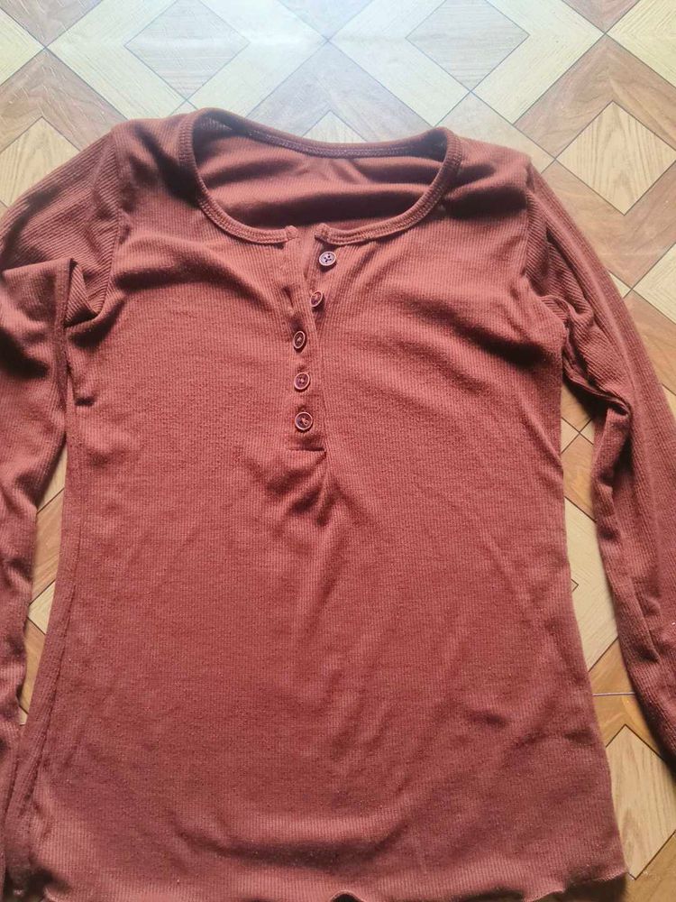 Ribbed Henley Long Sleeve Top