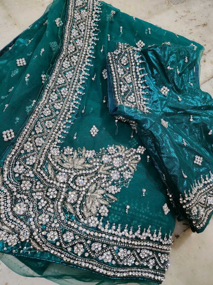 fully net diamond stone work saree with blouse
