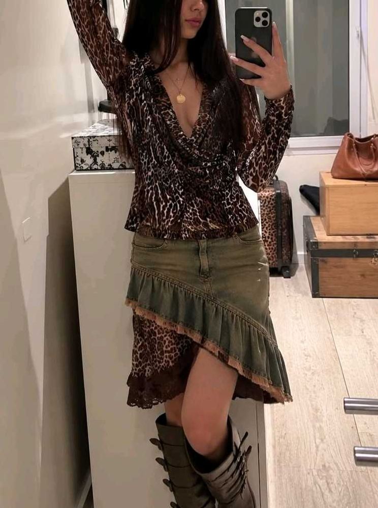 Y2k leopard print ruffled assymetrical skirt