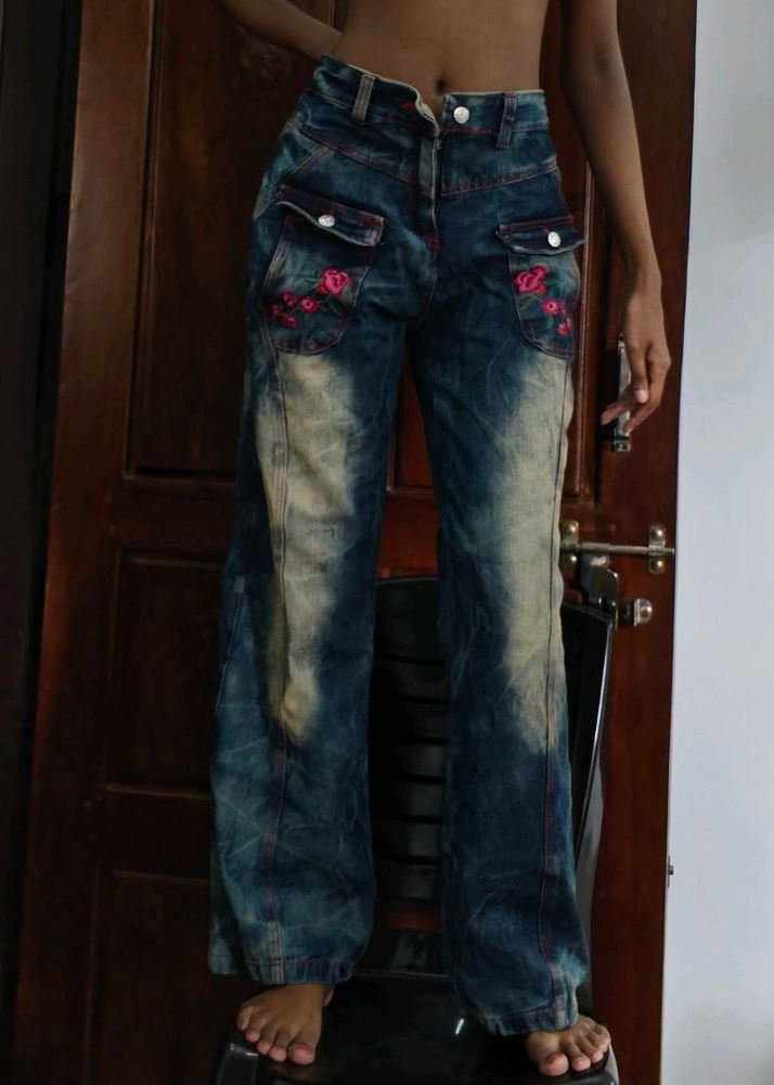 Embroidered Blue Wash Jeans