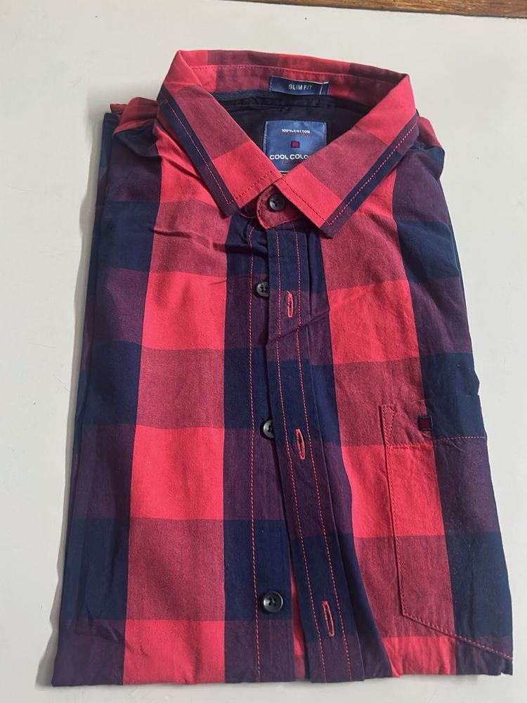 Men's Red &amp; Blue Checkered Slim Fit Shirt