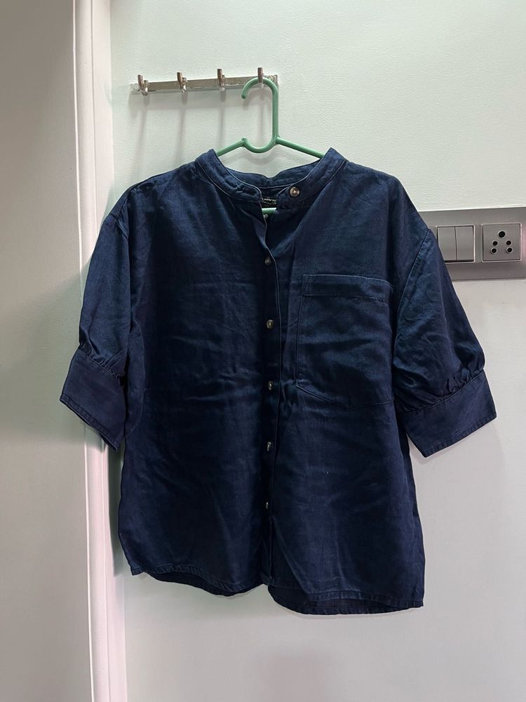 Blue Band Collar Casual Top