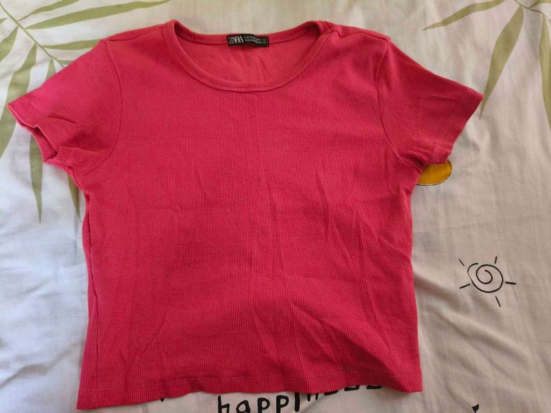 Pink Ribbed Cropped T-Shirt