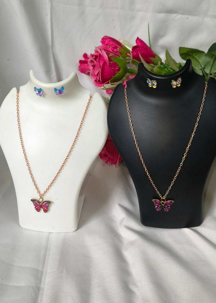 Delicate Chain Metal Combo Pink Necklace Eyerring