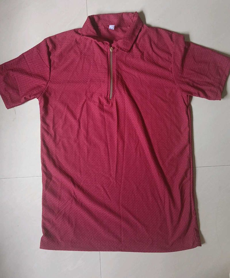 Unisex Maroon Zip Polo T-Shirt