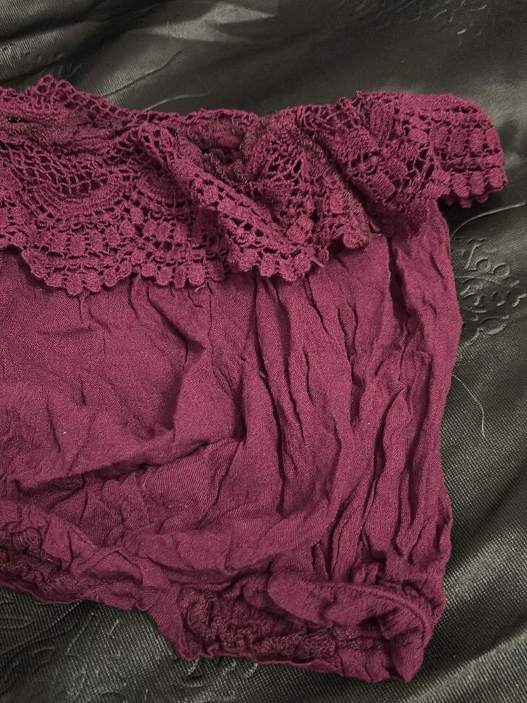 Maroon Crochet Off-Shoulder Top
