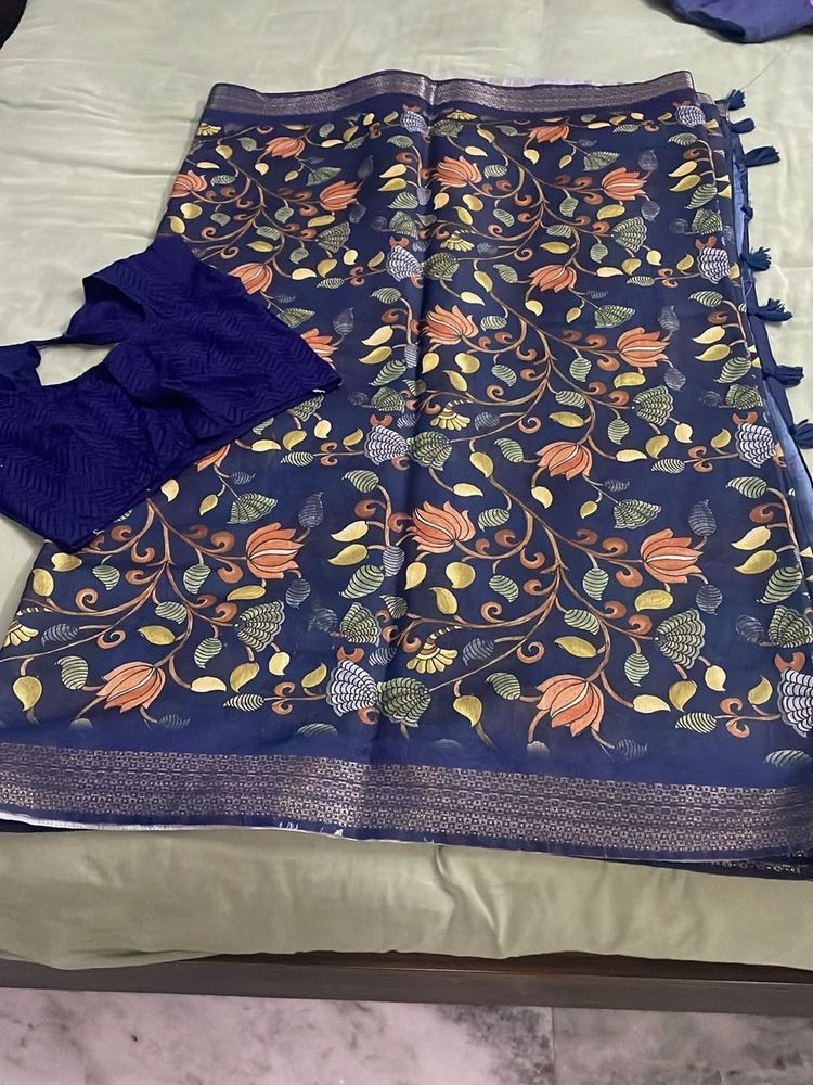 Navy Blue Floral Saree with Blouse