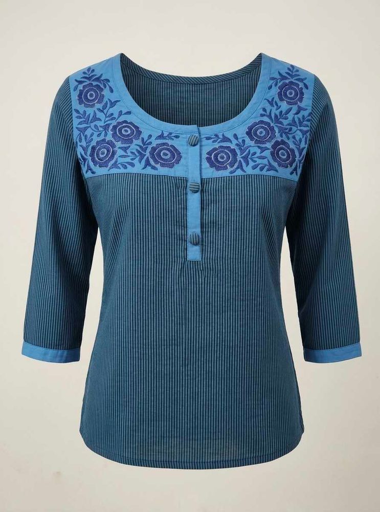 Blue Striped Kurta with Floral Embroidery
