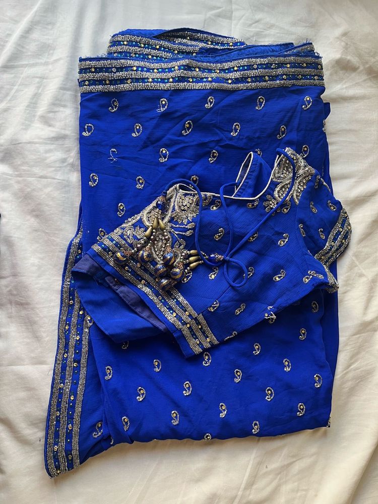 Royal Blue Stone Work Designer Saree