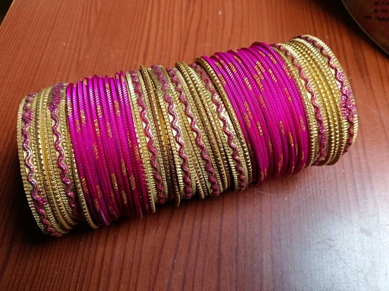 Pink And Golden Metal Bangles