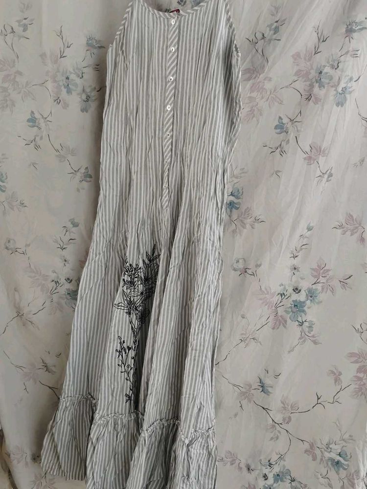 Striped Midi Dress with Floral Embroidery
