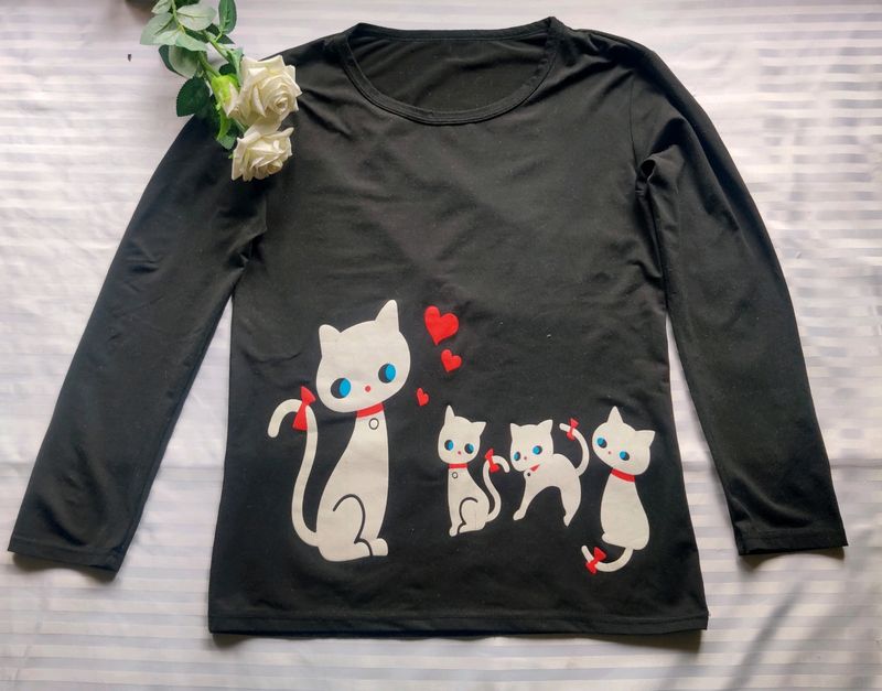 Black Kitty Printed Full Sleeve T-shirt Top