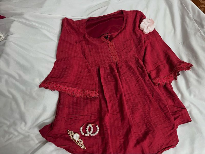 Red Embroidered Flared Kurta❤️