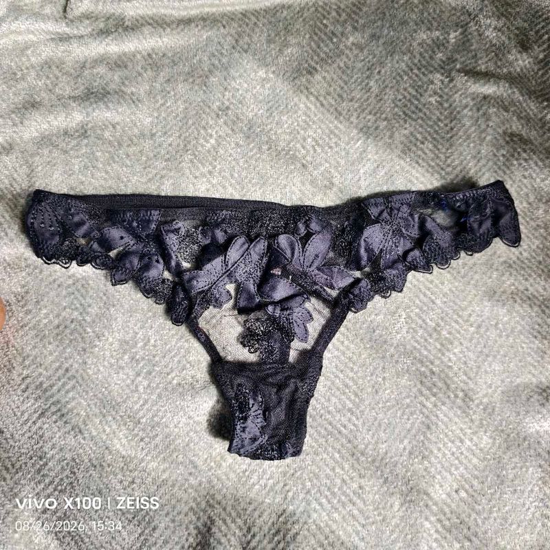 I. Black Lace Floral Thong Panty