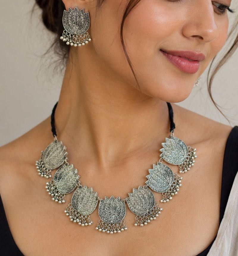 Oxidized Silver Lotus Necklace &amp; Earring Set