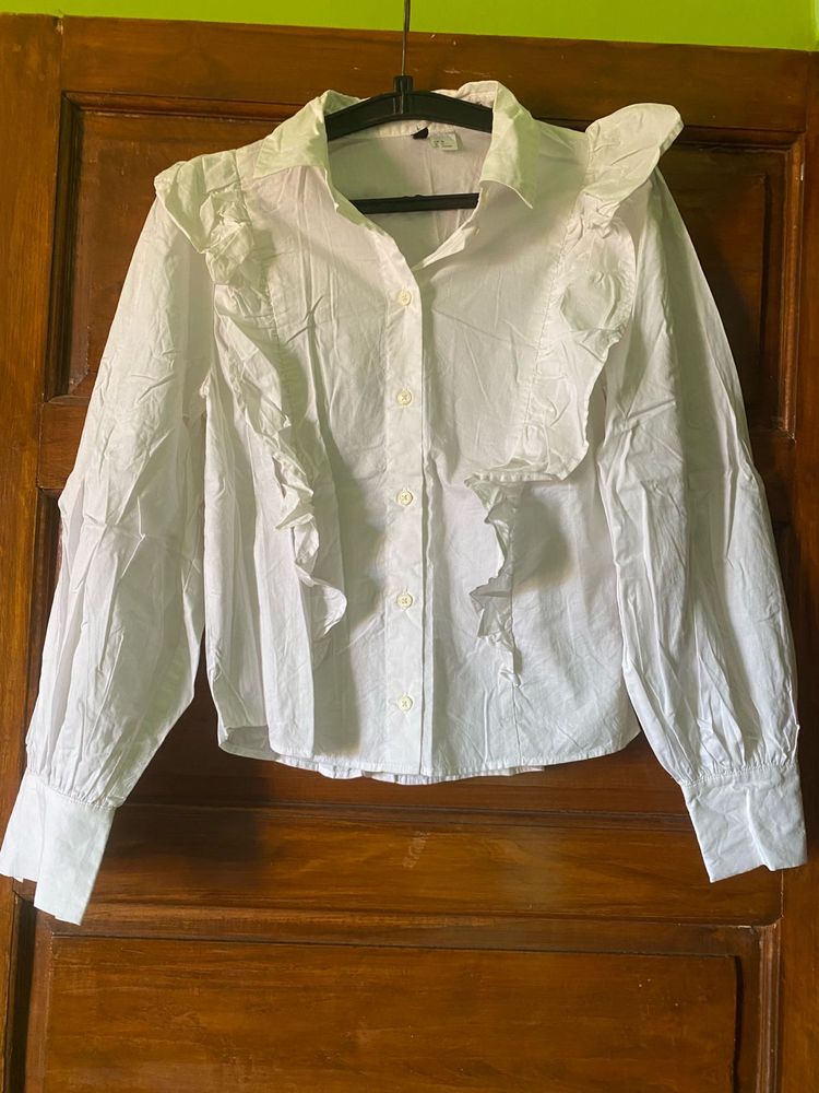 White Ruffle Button-Down Shirt