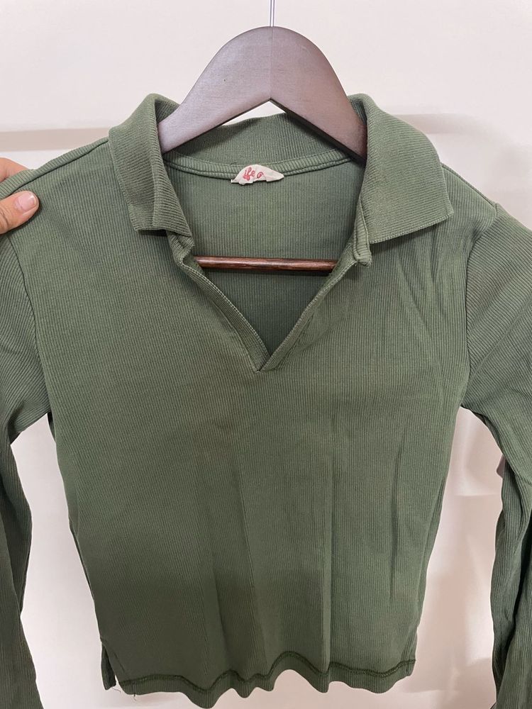 Olive Green Ribbed Collared Top