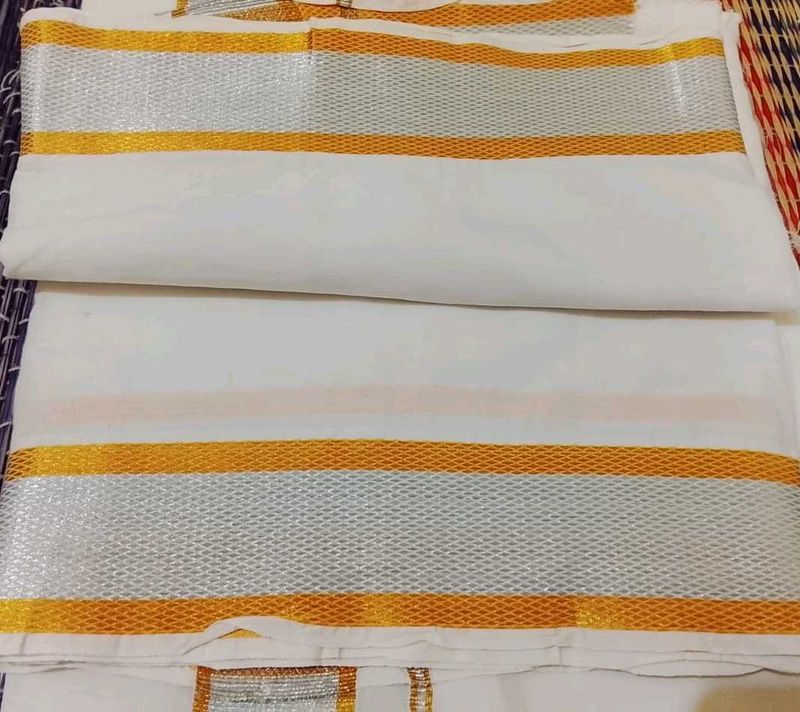 Brand New Dhoti with Gold &amp; Silver Border