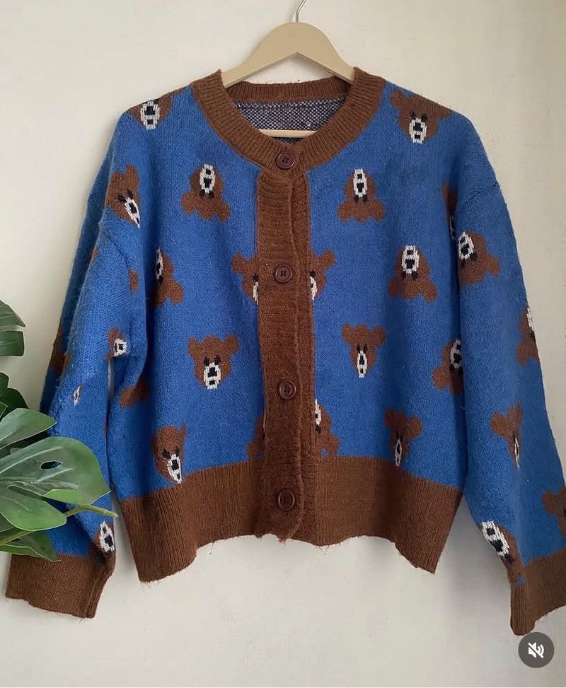 Cute Blue Bear Print Cardigan