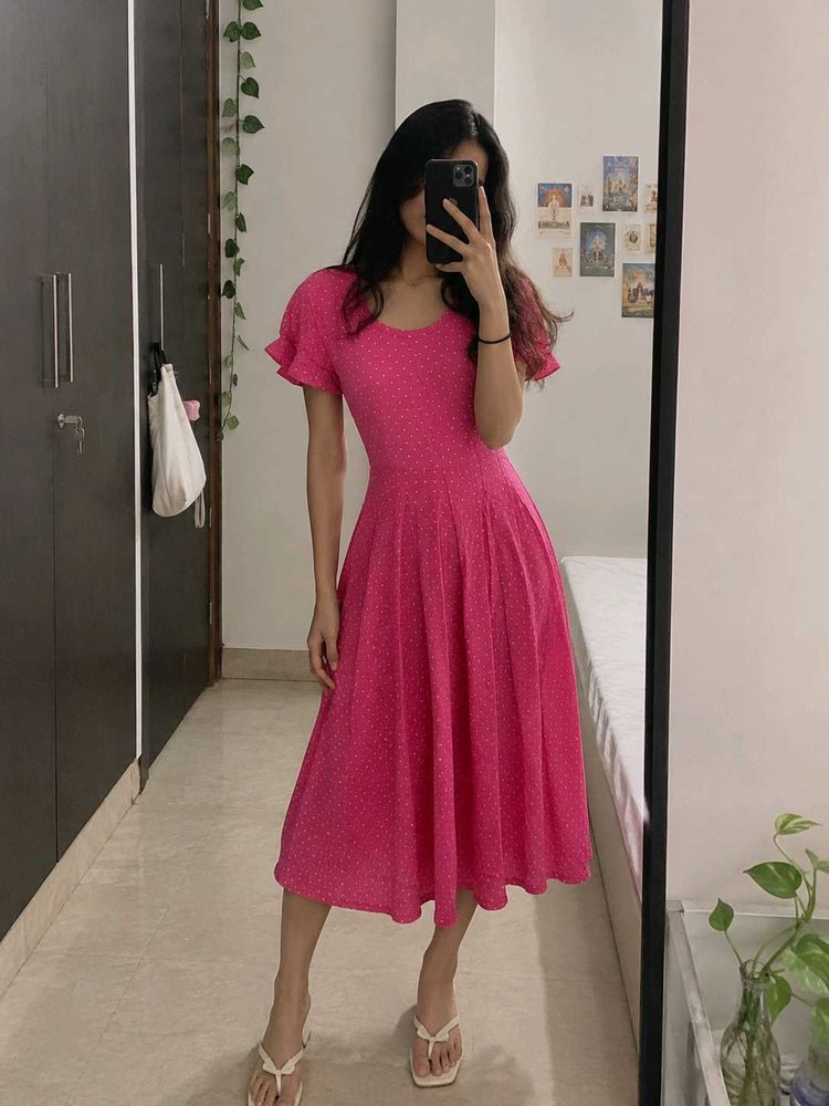 Pink Polka Dot Midi Dress