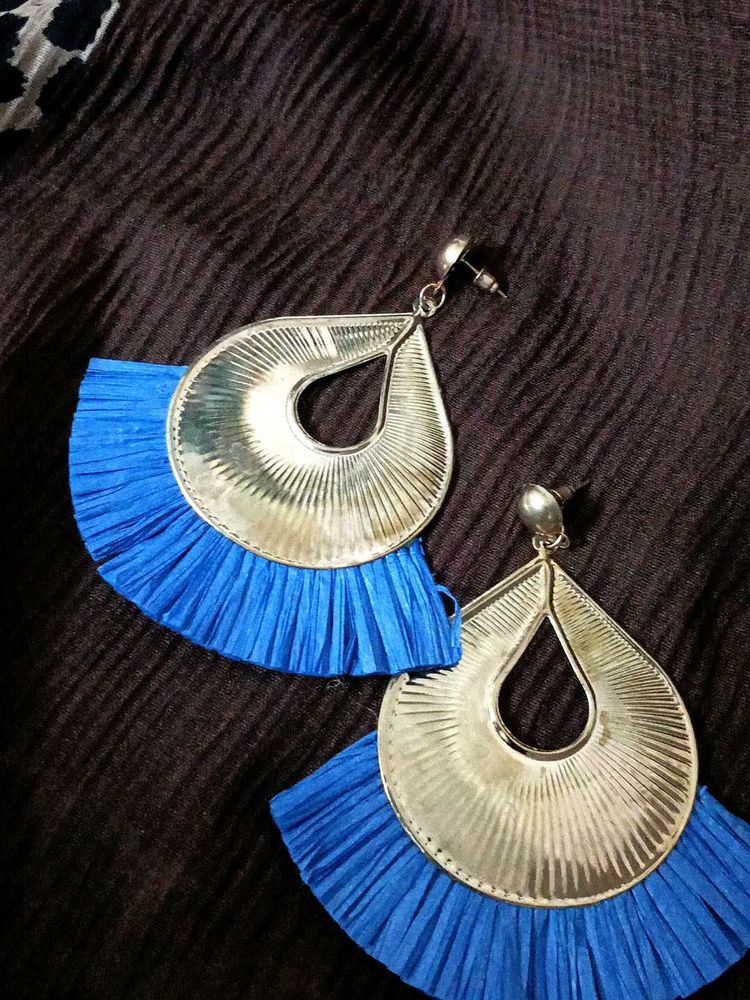 Gold &amp; Blue Fringe Statement Earrings