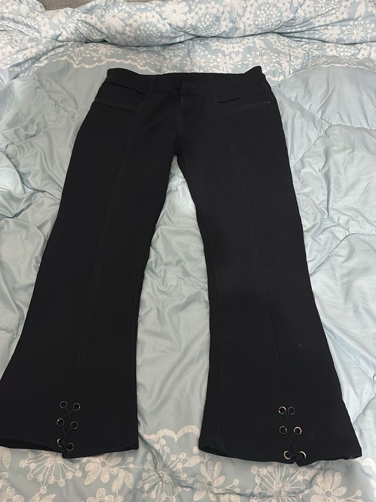 Black Flare Pants with Grommet Detail