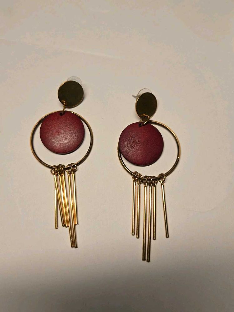 Unique Red Wood &amp; Gold Dangle Earrings