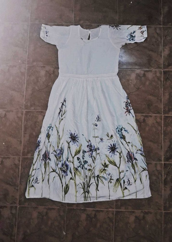 White Floral Print Midi Dress