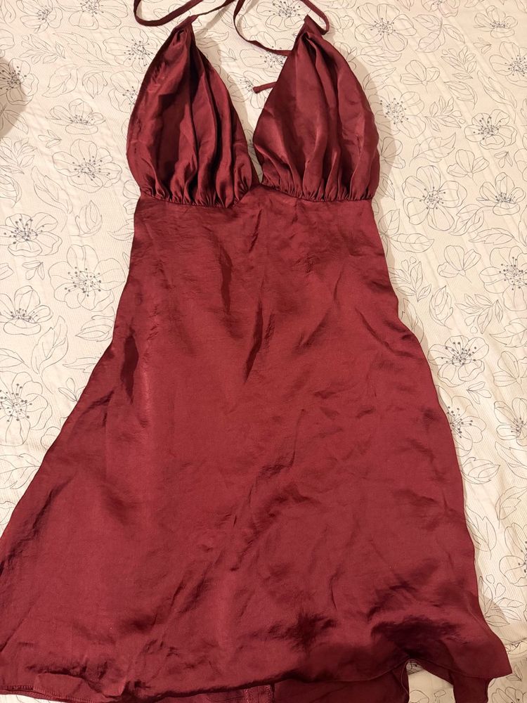 Maroon Satin Halterneck Dress
