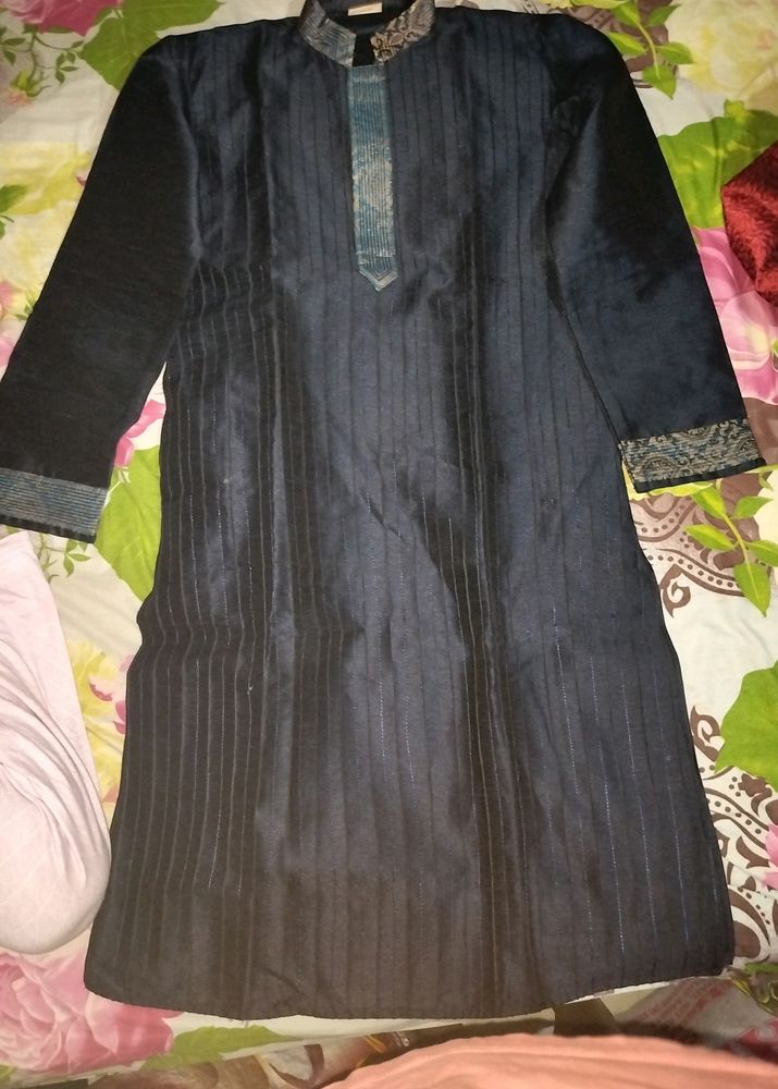 Manyavar Navy Blue Kurta Set &amp; Golden Pyjama Pants