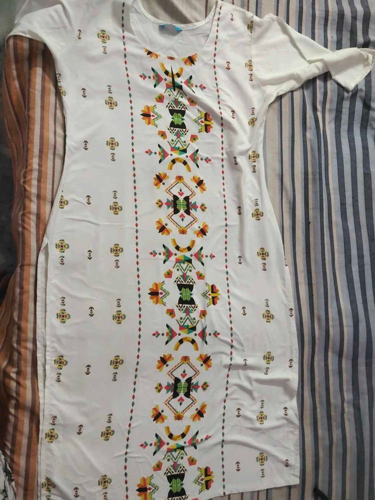 White Kurta with Colorful Geometric Print