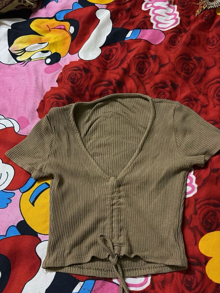 Ribbed V-Neck Drawstring brownTop