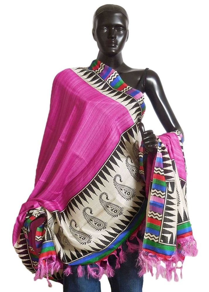 Dark Pink Bhagalpuri Tussar Silk Dupatta