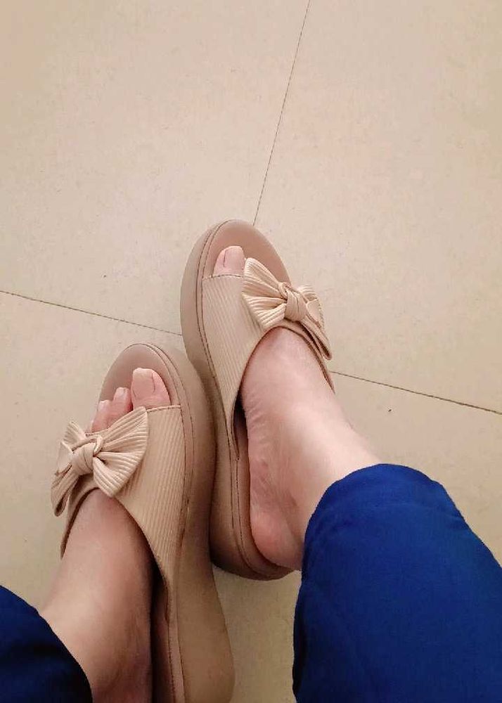 Beige Bow Wedge Sandals