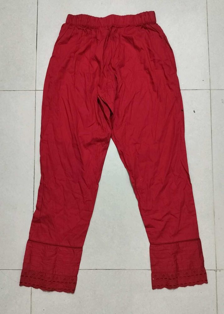 Red Palazzo Pants with Lace Trim