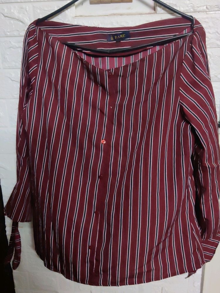 Ladies Top Maroon Striped Fancy Sleeves XL Size