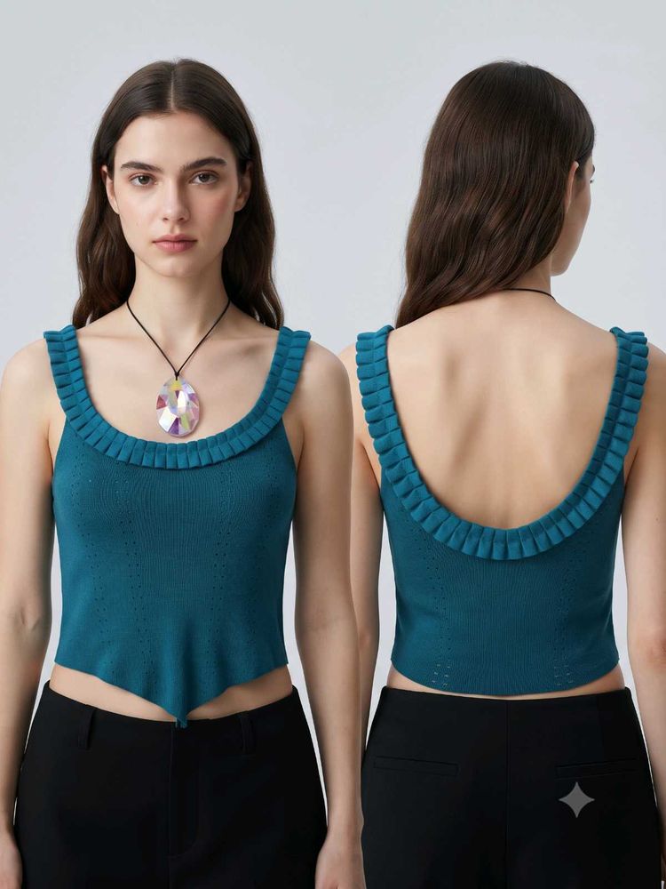 Teal Ribbed Crop Top with Ruffle Trim