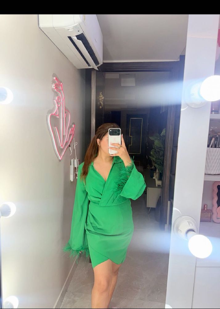 Feather Trimmed Emerald Green Wrap Dress