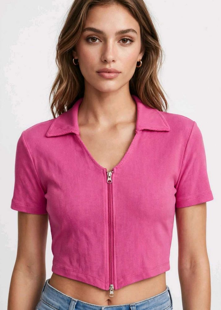 Hot Pink Cropped Zip Polo Shirt