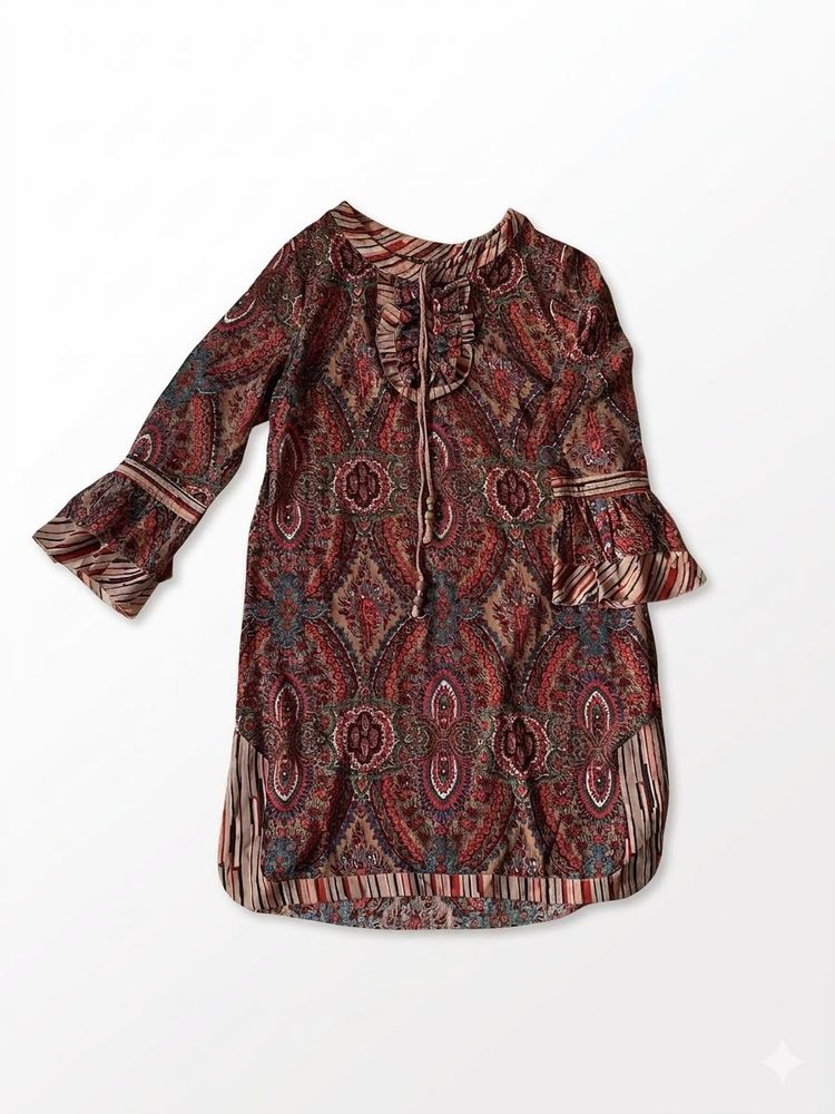 Boho Paisley Print Ruffle Neck Dress
