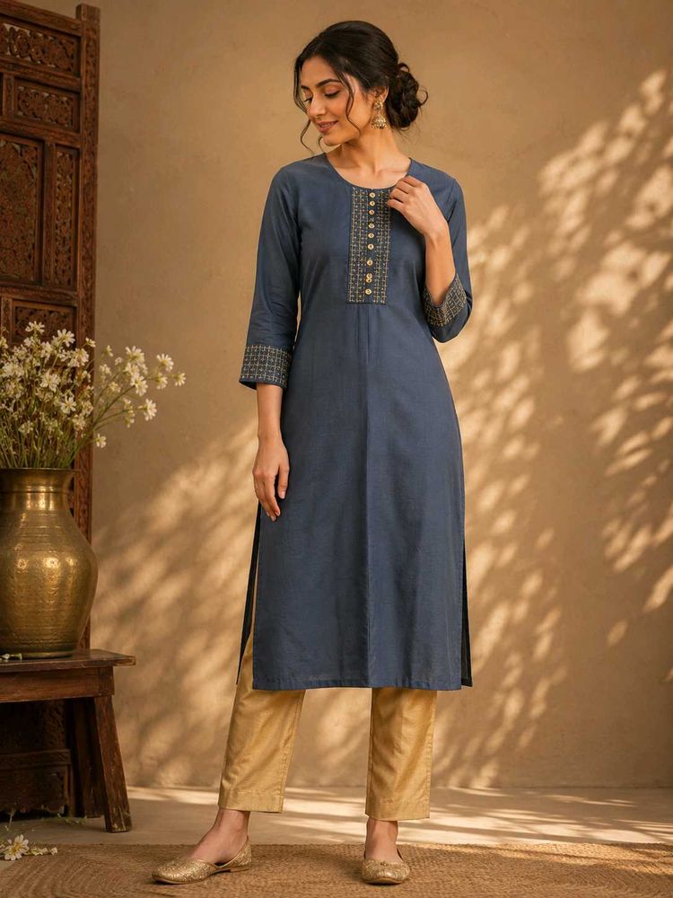 Elegant Grey Kurta with Golden Embroidery