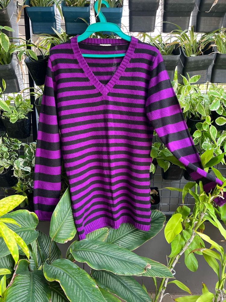Purple &amp; Black Striped V-Neck Sweater