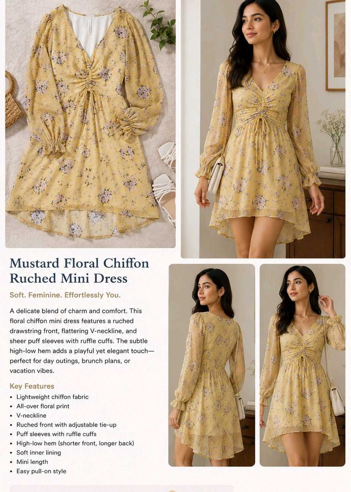 Muted Mustard Floral Ruched High-Low Mini dress