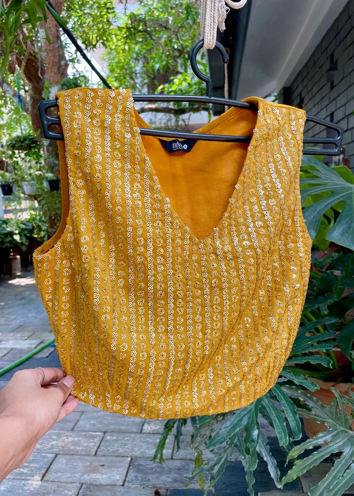 Mustard Sequin V Neck Crop Top