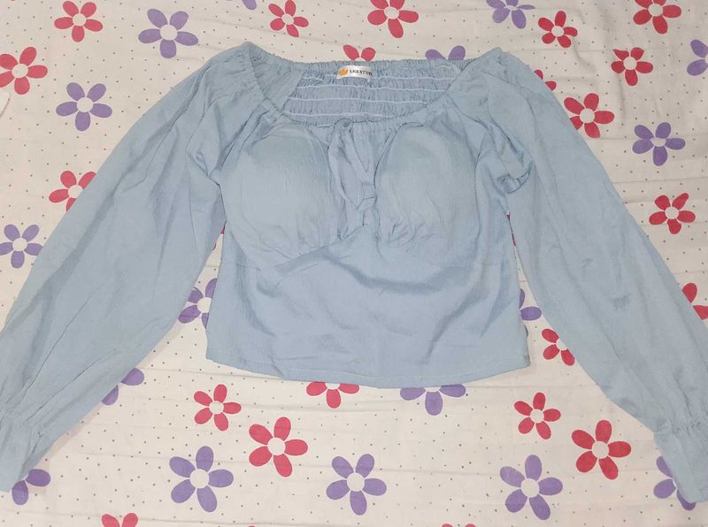 Light Blue Smocked Off-Shoulder Top